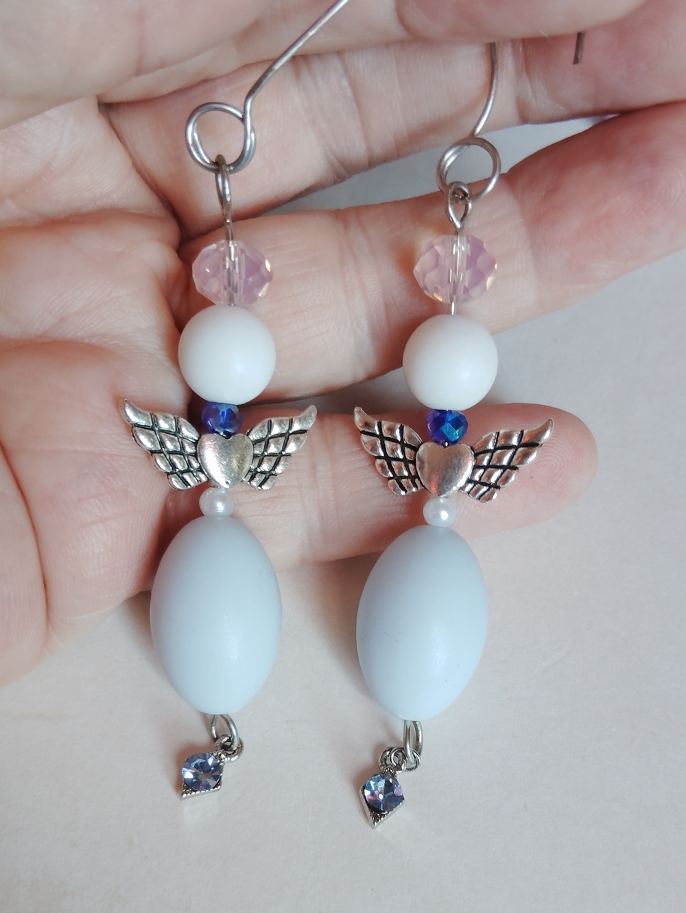 Handmade Angel Drop Earrings Light And Sparkle Blue White Silver - Pink Halo